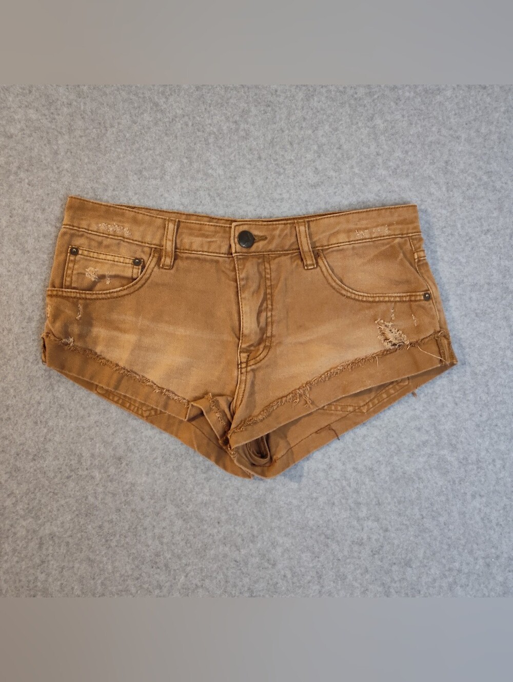 Free People Tan Distressed Low-Rise Denim Booty Shorts Daisy Dukes